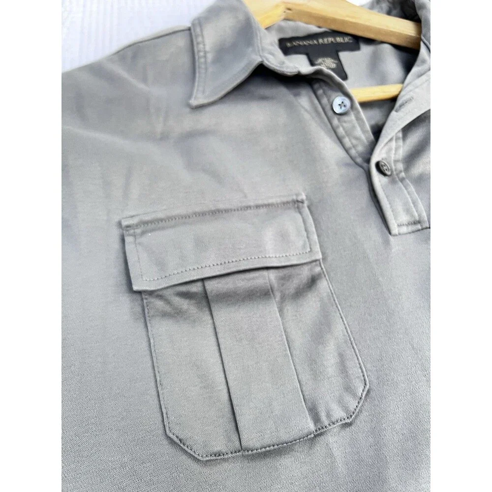 Banana Republic Gray Utility Polo Shirt Large 100% Cotton Long Sleeve Casual